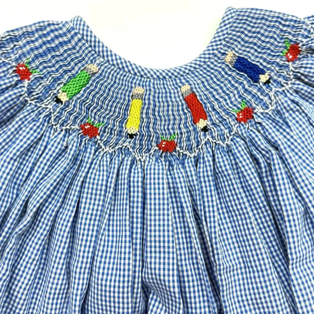 Blue Gingham Smocked Puff-Sleeve Kids Dress